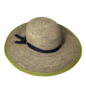 Hat Attack Natural Tan Raffia Wide Brim Green Trim Black Ribbon Straw Sunhat O/S